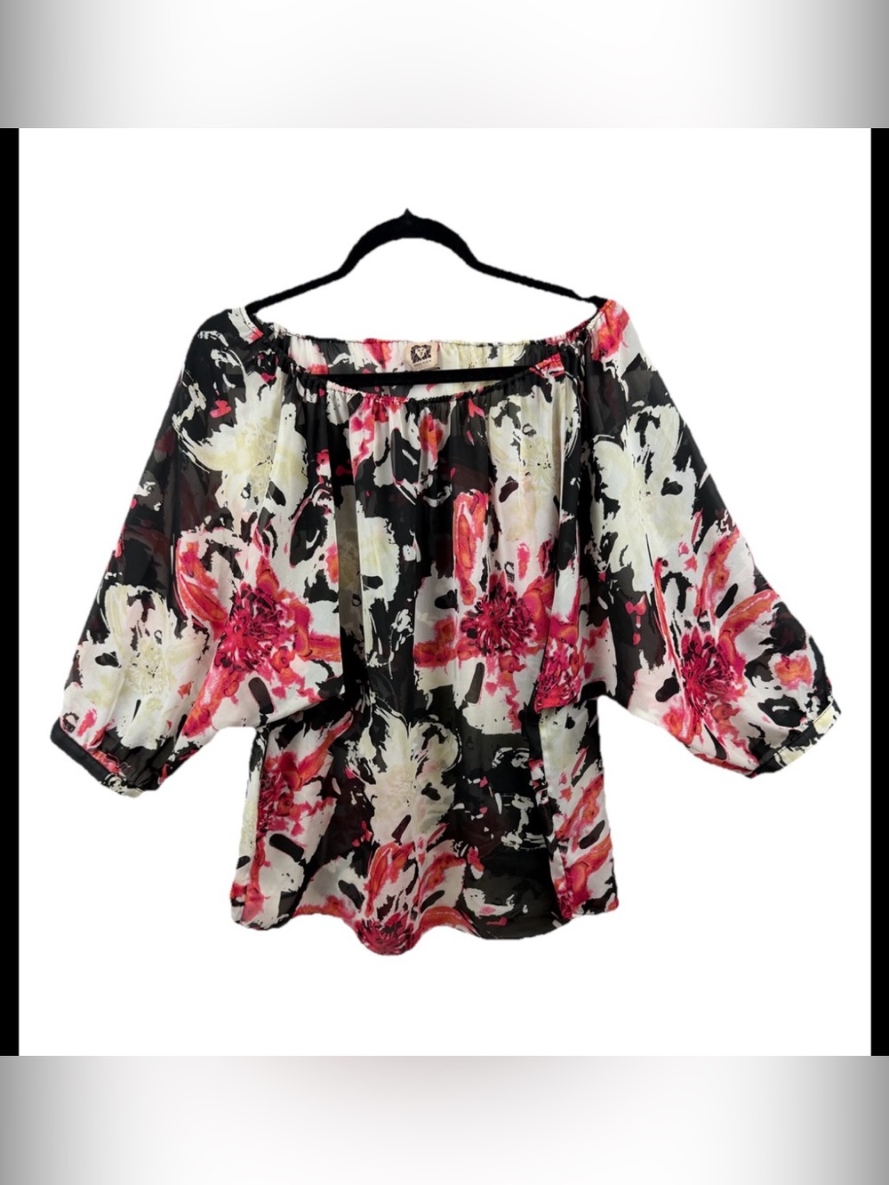 Anne Klein Blouse Sz L Black White & Pink Floral Off-Shoulder Boxy Sleeve Blouse